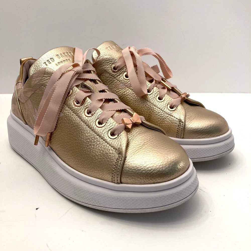 Ted Baker Rose Gold‎ Floral Sneakers Metallic Ribbon Laces Womens 6/6.5 EU 37 - Picture 3 of 13